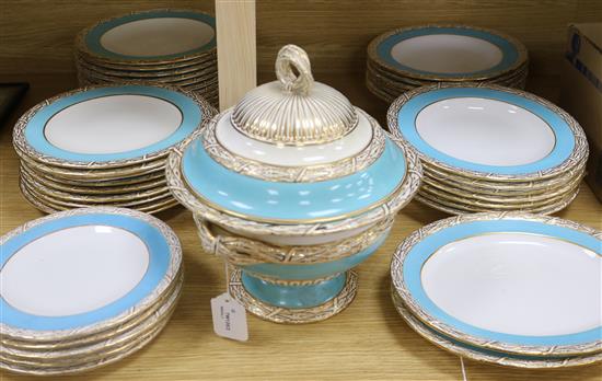 A Victorian Royal Worcester part dinner service, turquoise-banded, with tied laurel borders heightened in gilt,